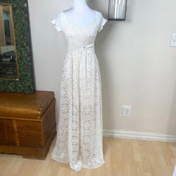 Aakaa Sz S Lace Smocked Dress Cream Ivory Short Sleeve Long Wedding Bridal - Picture 2 of 15